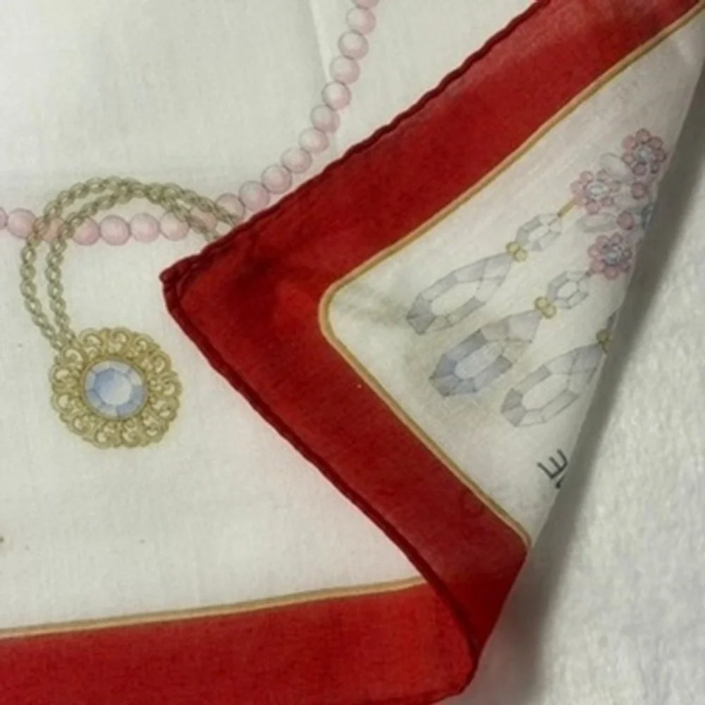 Vtg CELINE Scarf Handkerchief Jewelry Pearl Motif Red White 18